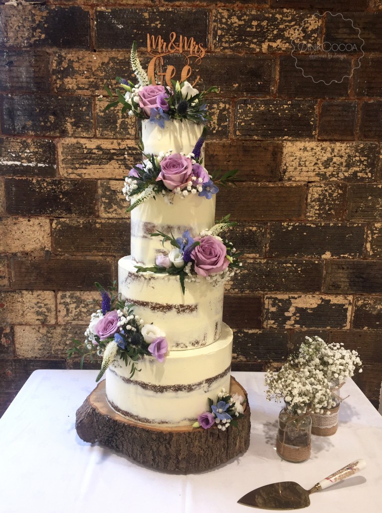 Pretty Purple Flowers Semi Naked Wedding Cake - Pink Cocoa