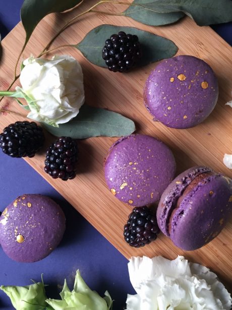 Blackberry and chocolate macarons wedding favours