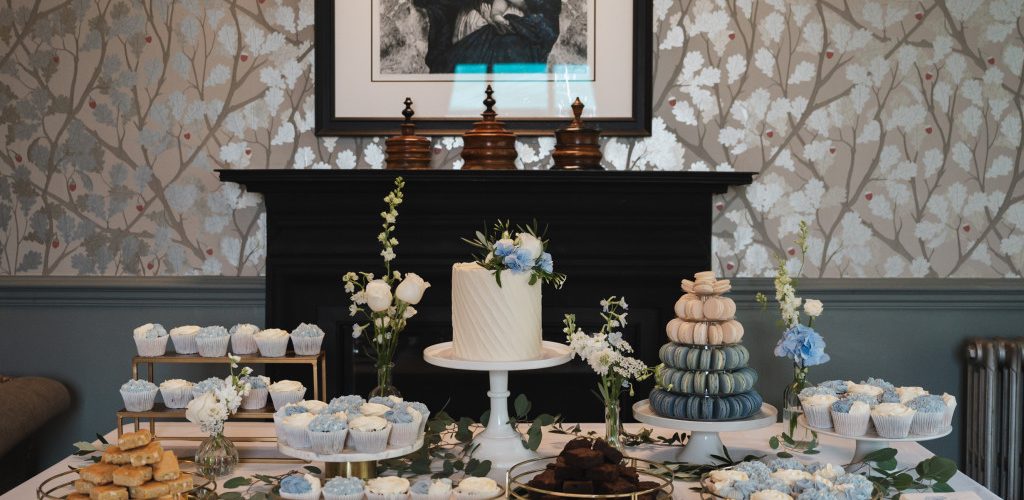 Blue wedding cake dessert table Cheshire